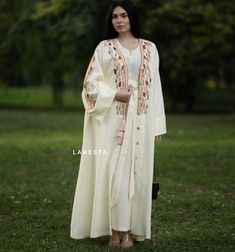 Embroidered linen abaya bisht with dress. Saudi abaya with | Etsy Cream Long Abaya For Eid, Cream Abaya For Eid, Spring Wedding Embroidered Abaya, Summer Wedding Long Abaya, White Bohemian Abaya For Spring, Elegant Long Abaya For Summer, Spring White Embroidered Abaya, Spring Long Modest Kaftan, Modest Wedding Abaya For Spring