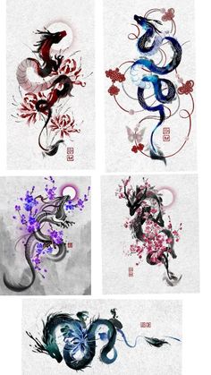 four different images of flowers and birds in various stages of life, with chinese writing on them