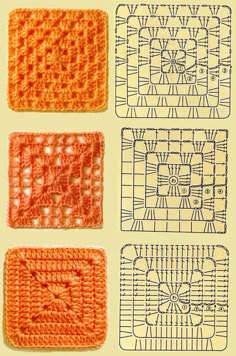 four square crocheted squares with the same pattern on each side, and three smaller squares