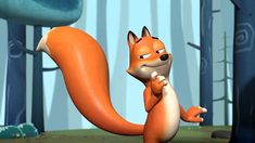 an animated squirrel is standing in the woods