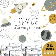 the space scavenger hunt is shown in front of a white background with stars and planets