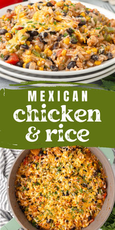 collage of mexican chicken and rice Rice Beans Chicken Recipe, Mexican Chicken Dishes Easy Dinners, Crock Pot Mexican Chicken And Rice, Mexican Rice Casserole Chicken, Mexican Food Recipes With Chicken, Quick Mexican Meals, Mexican Chicken Dinner Recipes, Mexican One Pot Meals, Mexican Meal Ideas For Dinner