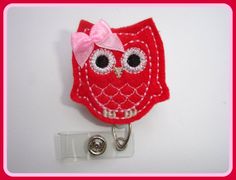 Badge Holder Retractable  Hootie owl red by clippiecollections, $6.25 Owl Applique, Beige And Pink, Pink Thread, Satin Bow, Pink Satin