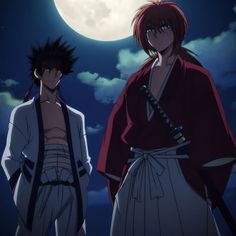 two anime characters standing in front of a full moon