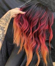 Hair Colors That Fade Pretty, Red Outfit Accessories, Black With Vivid Colors Hair, Medium Length Vivid Hair, Sunset Money Piece Hair, Raspberry Highlights In Brown Hair, Red Hair With Colored Highlights, Colored Ends Of Hair Brunettes, Hair Cuts And Color Ideas