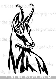 an antelope head in black and white with long horns, on a white background