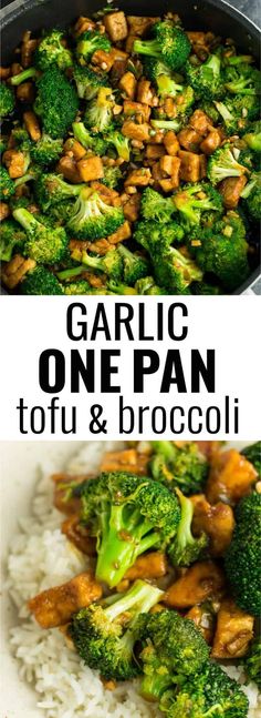 garlic one pan tofu and broccoli on top of rice in a skillet