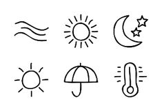 the sun, moon and other weather related items are shown in this black and white image