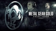 the metal gear solid snake eater logo is shown in front of two people wearing headphones