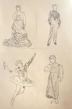 four different sketches of people in costumes