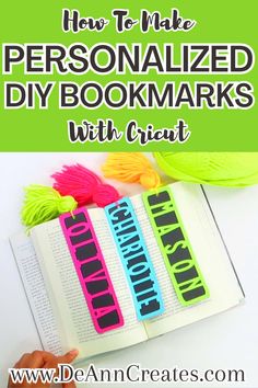 This image shows 3 DIY personalized name bookmarks with yarn tassels across an open book. A ball of yarn is beside the open book's top-right corner. Faux Leather Bookmark Cricut, Cricut Bookmark Ideas, Cricut Bookmarks, Valentines Bookmarks, Card Making Tools, Craft Projects For Adults, Halloween Craft Projects