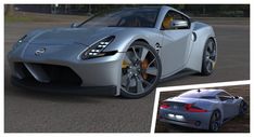 an image of a futuristic sports car in the middle of the road with another photo next to it