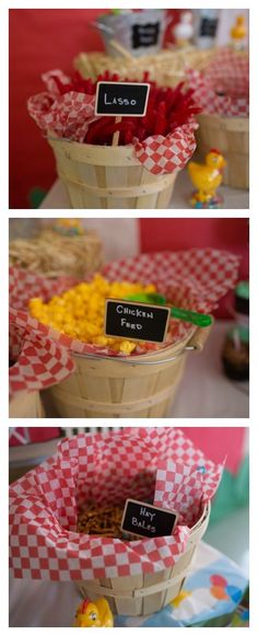 the table is set up with red and white checkered cloth on it, along with small baskets filled with food