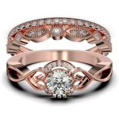 a rose gold wedding ring set with an intricate design and round diamond in the center