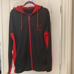 M Resort Hooded Zip Up Jacket, Never Worn. Red And Black. Size Xl Tote: C1 Red Long Sleeve Sports Hooded Jacket, Red Sporty Long Sleeve Hooded Jacket, Sporty Red Hooded Jacket With Long Sleeves, Red Long Sleeve Hooded Sports Jacket, Red Long Sleeve Hooded Jacket For Sports, Red Cotton Long Sleeve Windbreaker, Red Long Sleeve Cotton Windbreaker, Red Cotton Hooded Track Jacket, Red Hooded Cotton Track Jacket