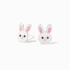 Hop towards sweet style in these extra cute stud earrings. These sterling silver earrings have a white enamel bunny rabbit design that's embellished with faux crystals on the ears. Finish: Silver Closure: Post back Material: Sterling silver - Claire's Sterling Silver Enamel Bunny Stud Earrings Claires Earrings, Trending Jewellery, Mermaid Bag, Claire's Accessories, Piercing Kit, Cute Stud Earrings, Party Hair Accessories, Rabbit Design, Bunny Earrings