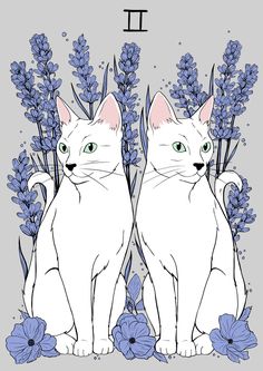 two white cats sitting next to each other in front of purple flowers and the letter i