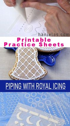 a person cutting out paper with scissors and glue on top of it, next to the words printable practice sheets piping with royal icing