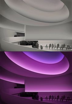 the interior and exterior of a modern building with purple lighting on the ceiling, in black and white