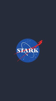 the logo for stark on a dark blue background with an orange arrow in the center