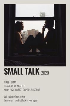 two people sitting in front of a window talking on their cell phones with the words small talk written below them