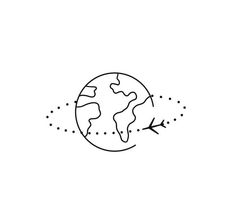 an airplane flying around the earth on a white background with dotted lines and dots in it