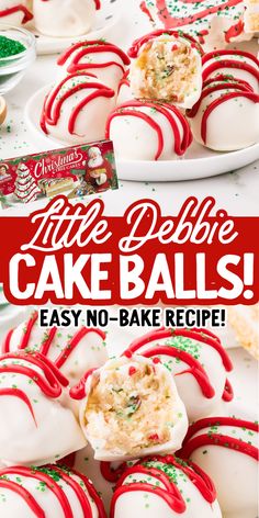 little pebble cake balls with red and green sprinkles are on a white plate