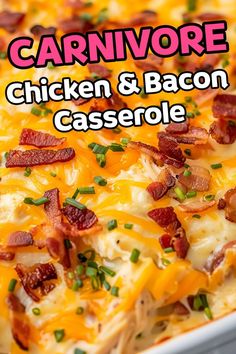 a casserole dish with chicken, bacon and cheese on it's side