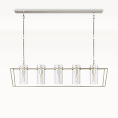 a rectangular light fixture with five lights hanging from it's sides and four glass jars on the bottom