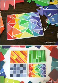 colorful paper cut out to look like mosaics and triangles on a table with text overlay