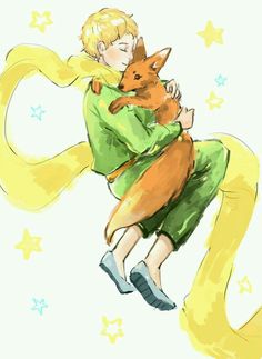 a drawing of a boy hugging a fox with stars in the sky around him and his tail curled up