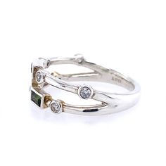 This two row Ring features three Baguette gemstones and round accent stones, Finger Size 7.. It is set in Sterling Silver but available in 14 Karat White, Yellow or Rose Gold. Pricing depends on choice of 1-5 gemstones and metal type. This ring is available for purchase as shown, with gemstones representing May, August, and October, but can be made to order to suit your needs. "Please allow a minimum 3-5 business days for completion. Each personalized piece of family jewelry is made to order and Modern Anniversary Rings With Gemstone Accents, Modern Gemstone Accented Rings For Anniversary, Modern Multi-stone Gemstones For Anniversary, Modern Multi-stone Sapphire Anniversary Ring, Modern Multi-stone Birthstone Ring, Modern Multi-stone Birthstone Ring For Anniversary, Elegant Silver Multi-stone Stackable Rings, Modern Multi-stone Baguette Cut Rings, Modern Emerald Ring With Accent Stones For Anniversary