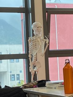 a skeleton sitting on top of a desk next to a window