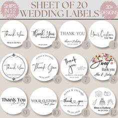 wedding stickers with the words, thank you and other things to write on them