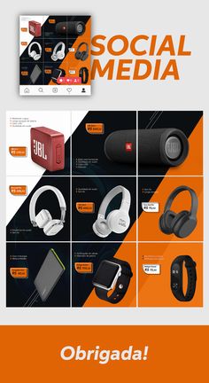 an orange and black brochure with headphones on it, including the words social media