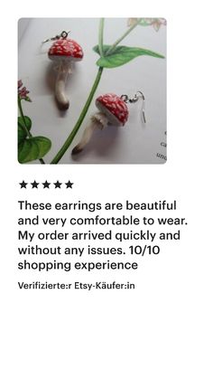 an advertisement with mushrooms on it and the caption that says, these earrings are beautiful and very comfortable to wear