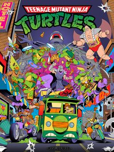 the poster for teenage mutant ninja's turtles is shown in front of an old school bus