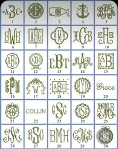 the different monograms and font styles for each letter in this set are shown