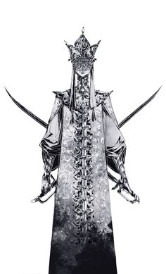 a black and white drawing of a knight with two swords