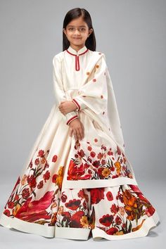 Ivory anarkali with botanical print and thread embroidered border. Paired with churidar and dupatta. - Aza Fashions Traditional Off-white Anarkali Set With Printed Motifs, Traditional Off White Anarkali Set With Printed Motifs, White Lehenga With Printed Motifs For Festive Occasions, White Lehenga With Printed Motifs, Festive White Lehenga With Printed Motifs, Traditional Off-white Floral Print Sets, Festive Off White Sets With Printed Motifs, Festive Off-white Sets With Printed Motifs, Festive Off-white Printed Sets