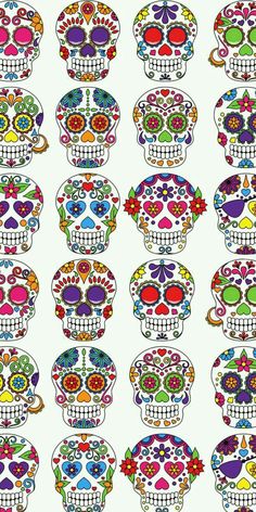 a bunch of colorful skulls on a white background