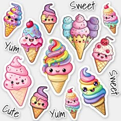 Decorate your planners with the adorable cute Kawaii Ice cream characters.  Quaint, quirky stickers for your laptop, diary, school books, binders, planners and more! Cute Stickers For School, Ice Cream Shop Drawing, Cool Stickers Printable, Kawaii Illustration Art, Cute Ice Cream Drawing, Ideas For Stickers, Quirky Stickers, Kawaii Food Stickers, Cute Printable Stickers