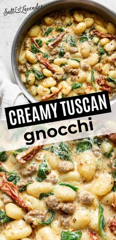 creamy tuscann gnocchini with spinach and sausage in a pan