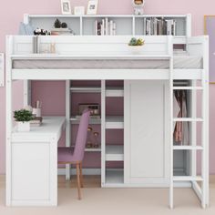 a loft bed with desk underneath it in a room that has pink walls and white furniture