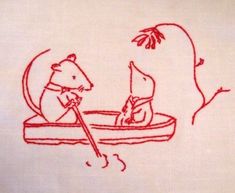 a red ink drawing of two mice in a small boat, one holding a stick