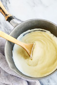 a wooden spoon in a saucepan filled with batter