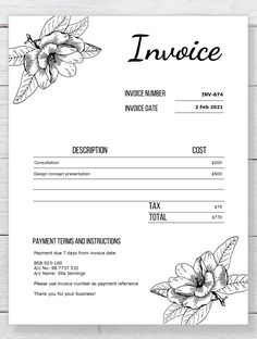 an invoice form with flowers and leaves on it