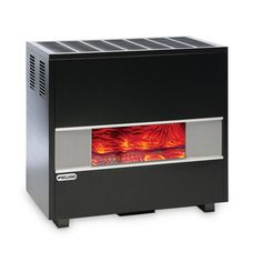 a black stove with red flames on the front and side panels, sitting against a white background