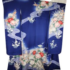 Vintage Traditional Furisode Kimono - Blue Formal Long Sleeve Kimono For Spring, Formal Long Sleeve Spring Kimono, Elegant Blue Floral Print Kimono, Elegant Kimono With Kimono Sleeves For Gift, Elegant Kimono With Kimono Sleeves As A Gift, Elegant Kimono As A Gift, Blue Long Sleeve Kimono With Floral Print, Blue Floral Print Long Sleeve Kimono, Traditional Long Blue Kimono