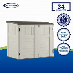 an outdoor storage shed with the price label below it for $ 70 or more at suncast